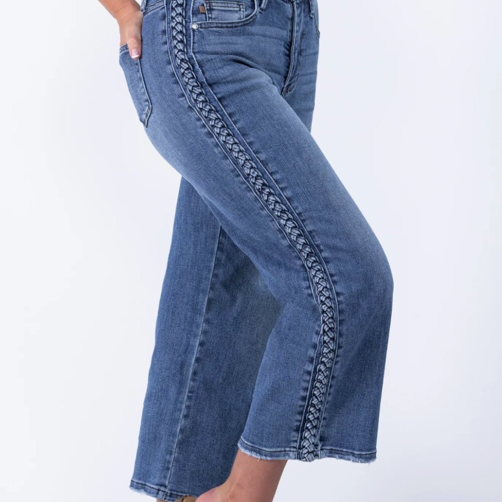 The Aurora from Judy Blue: High-Rise Braid SS Detail Crop Wide Leg Denim